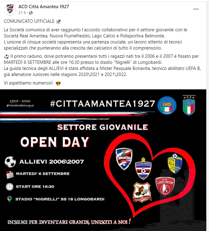 L'ACD Città Amantea lancia l'open day per i ragazzi delle giovanili