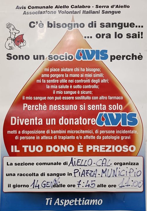 Sabato raccolta sangue ad Aiello Calabro