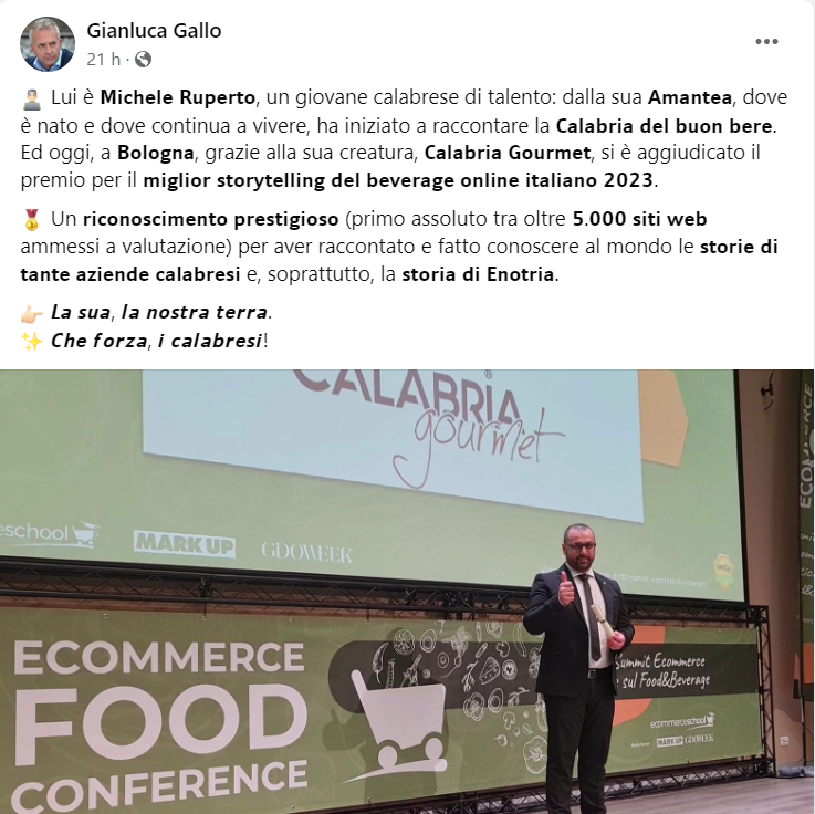 Lo storytelling di Calabria Gourmet è il migliore d'Italia nel settore Beverage online