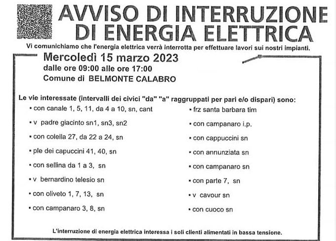 Interruzioni di energia elettrica tra Belmonte e Lago