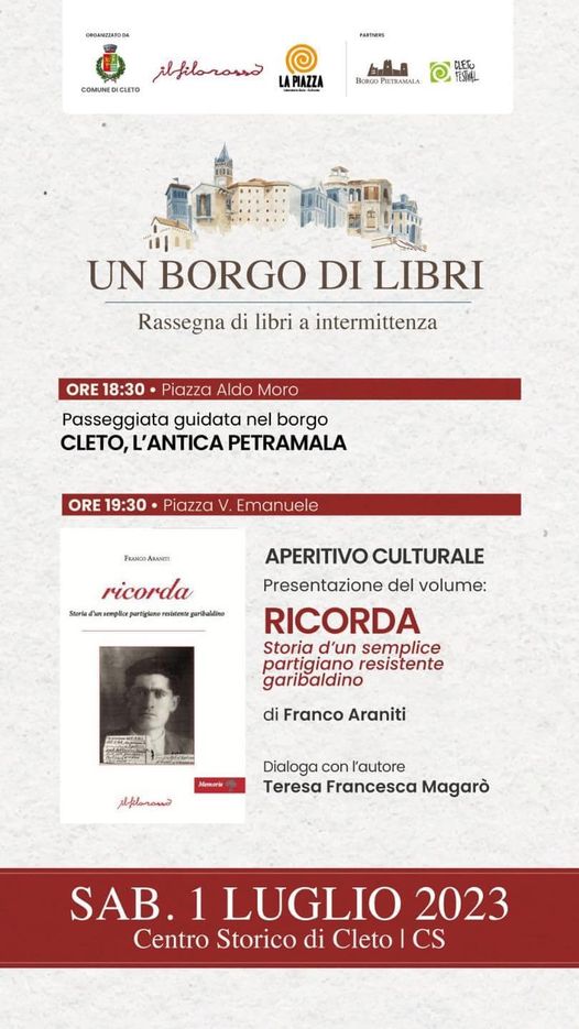 Locandina presentazione libro Franco Araniti a Cleto nell'ambito della rassegna Un borgo di Libri