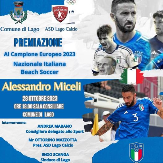 A Lago premiazione del campione europeo di beach soccer Alessandro Miceli