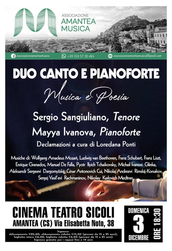 canto, pianoforte e poesia per lo spettacolo organizzato dall'associazione amantea musica al cinema teatro sicoli per la stagione concertistica 2023